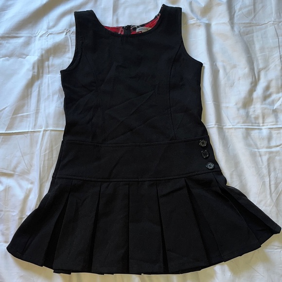 BIENZOE S7 Black Dress w Pleaded Skirt & red plaid underneath top zip up in back - Picture 1 of 8